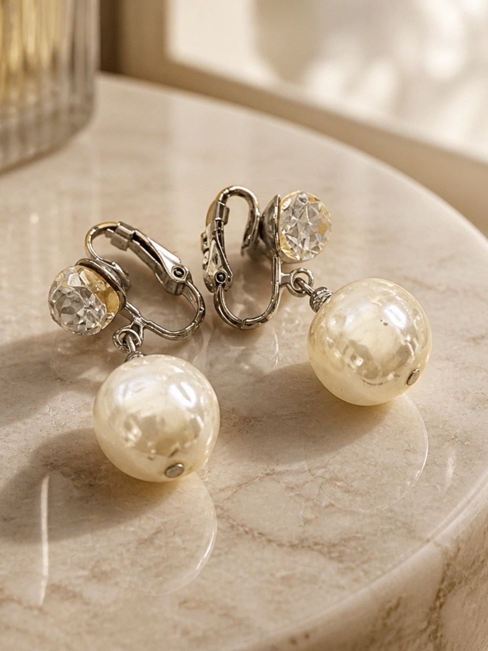 Vintage Clip-On Pearl Drop Earrings with Crystal Accent - Ivory